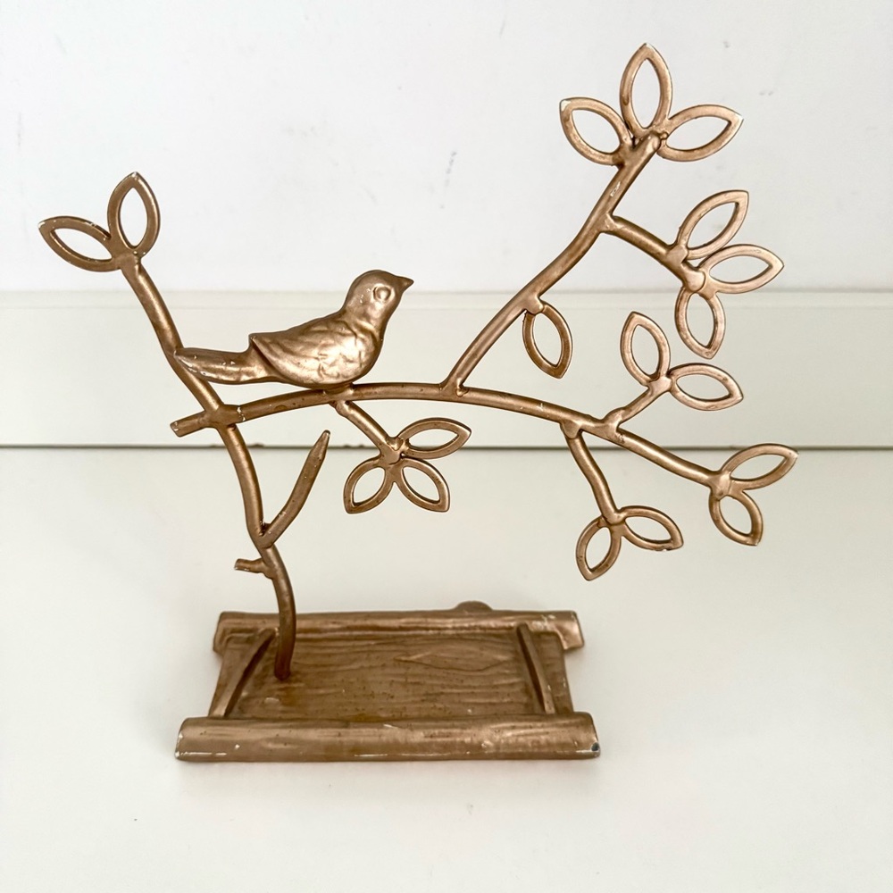 Vintage Shabby Chic Cottage Core Bird on Branch Gold Jewelry Tree Decor - Picture 2 of 15
